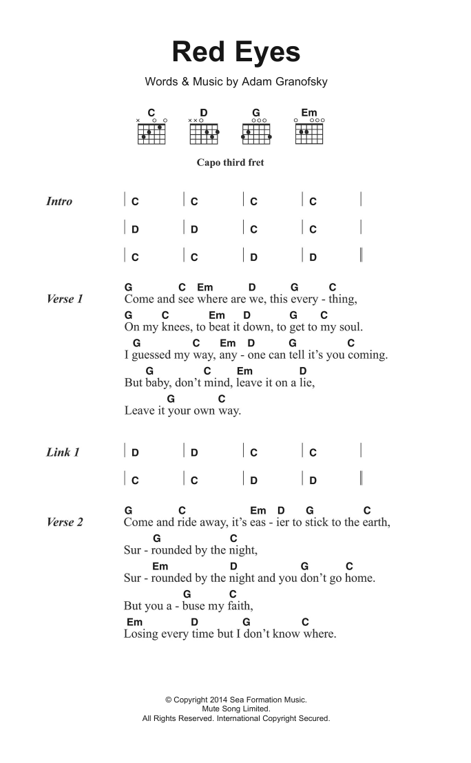 Download The War On Drugs Red Eyes Sheet Music and learn how to play Lyrics & Chords PDF digital score in minutes