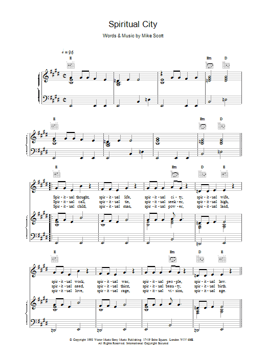Download Waterboys Spiritual City Sheet Music and learn how to play Piano, Vocal & Guitar (Right-Hand Melody) PDF digital score in minutes