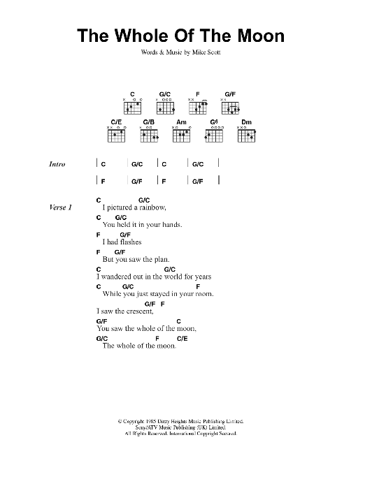 Download The Waterboys The Whole Of The Moon Sheet Music and learn how to play Lyrics & Chords PDF digital score in minutes