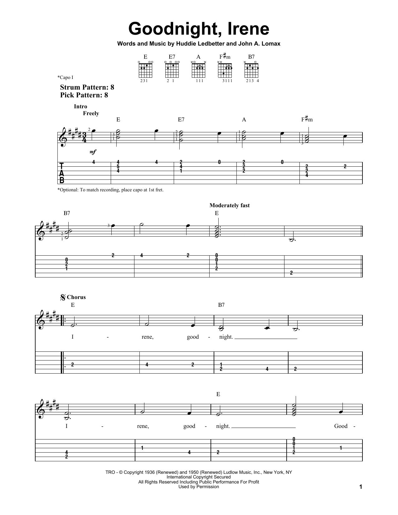 Download The Weavers Goodnight, Irene Sheet Music and learn how to play Easy Guitar Tab PDF digital score in minutes