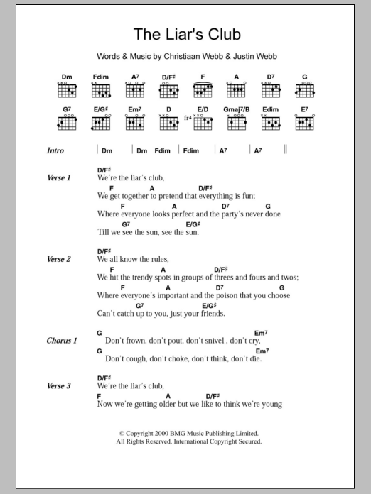 Download The Webb Brothers The Liar's Club Sheet Music and learn how to play Lyrics & Chords PDF digital score in minutes