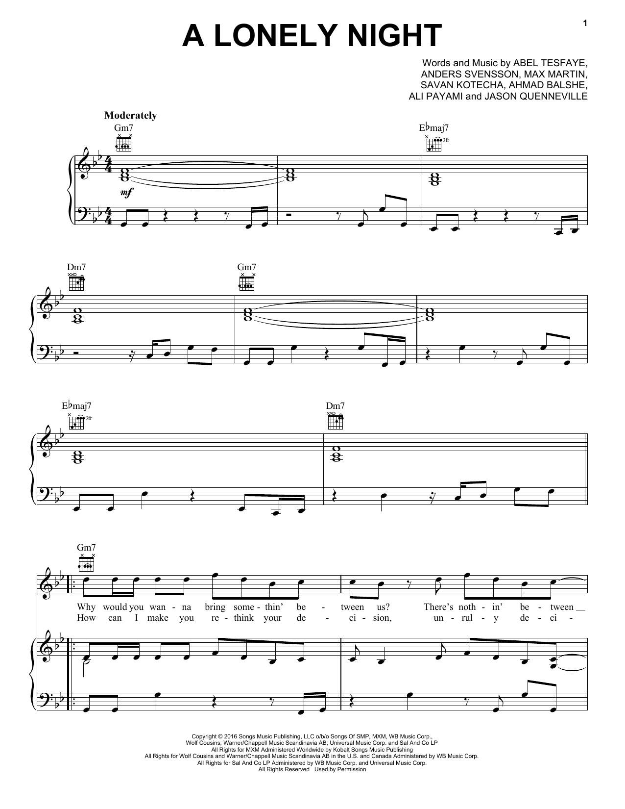 Download The Weeknd A Lonely Night Sheet Music and learn how to play Piano, Vocal & Guitar (Right-Hand Melody) PDF digital score in minutes