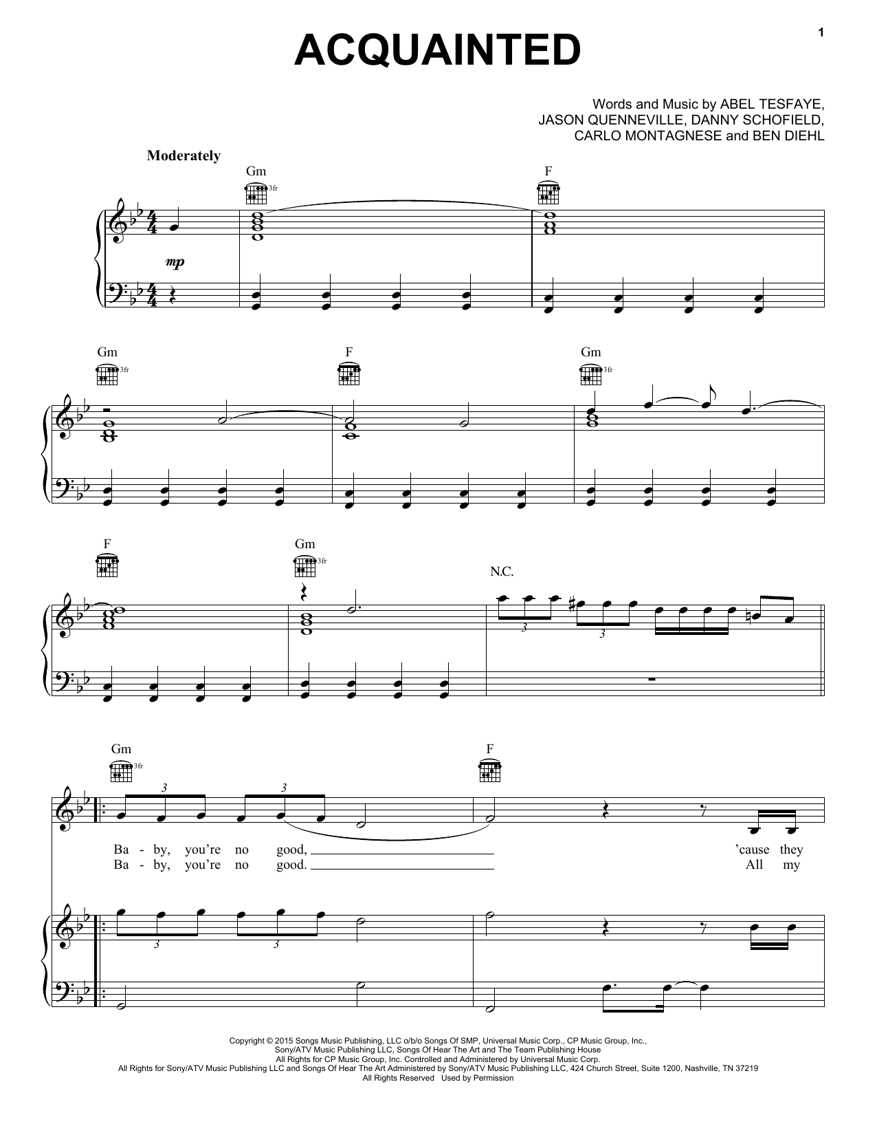 Download The Weeknd Acquainted Sheet Music and learn how to play Piano, Vocal & Guitar (Right-Hand Melody) PDF digital score in minutes