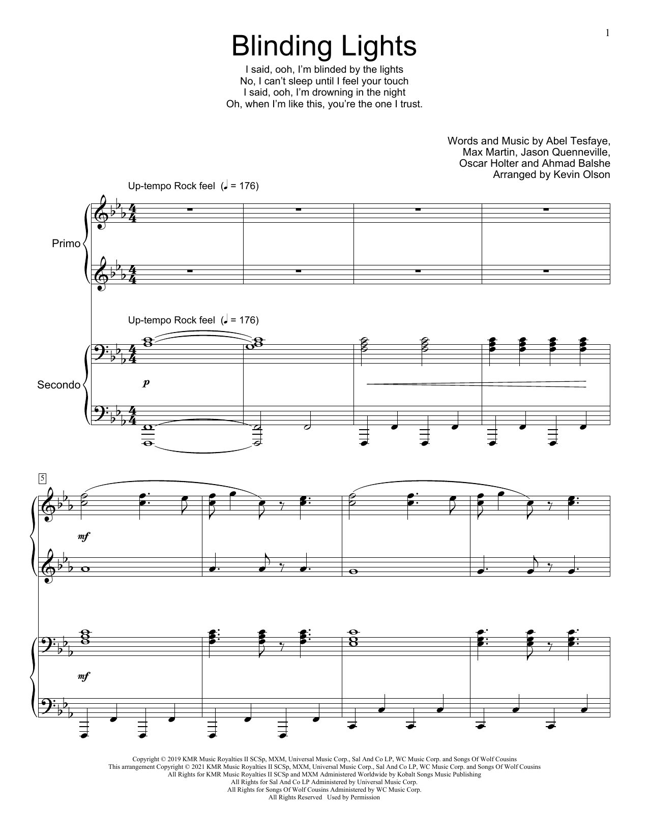 Download The Weeknd Blinding Lights (arr. Kevin Olson) Sheet Music and learn how to play Piano Duet PDF digital score in minutes