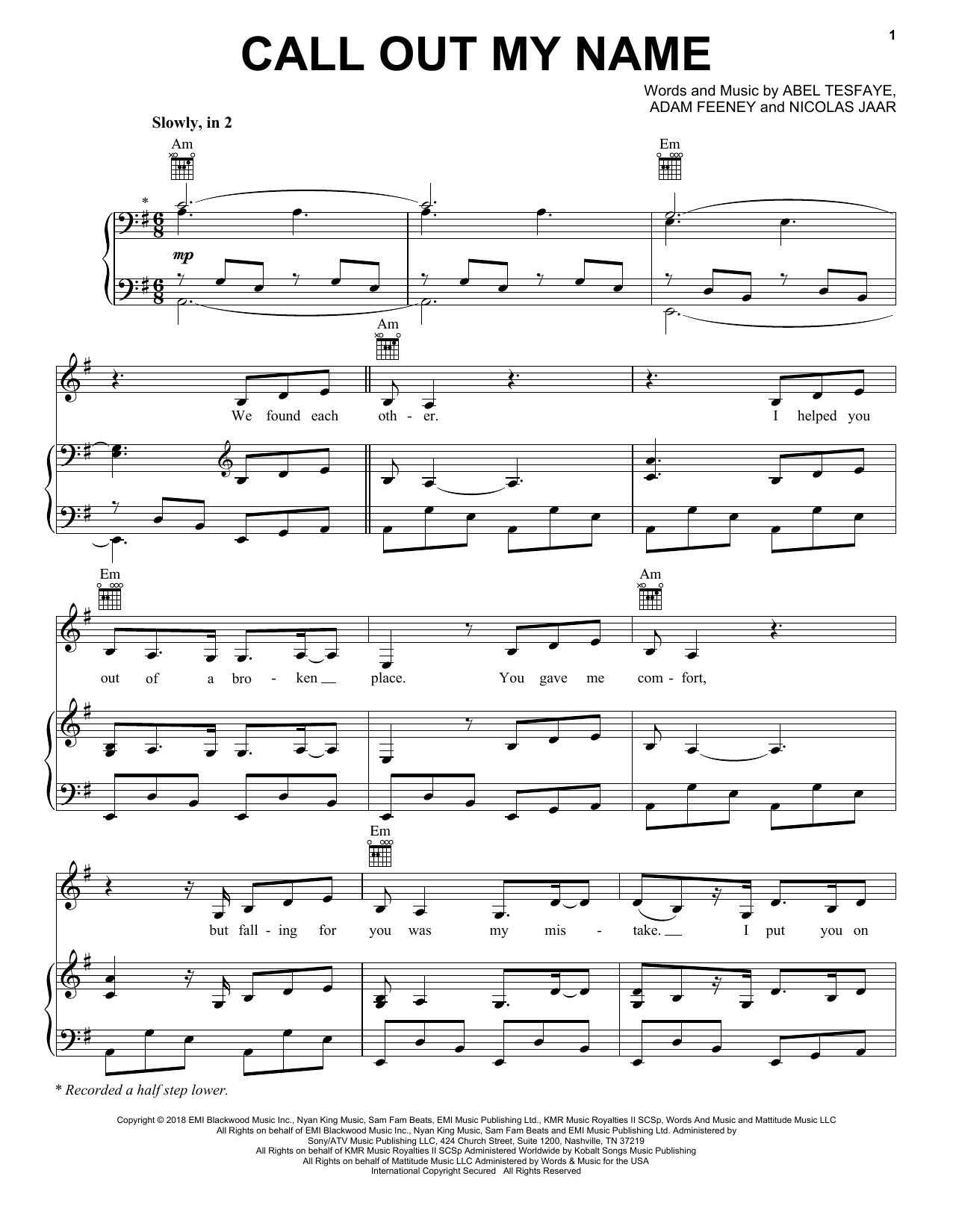 Download The Weeknd Call Out My Name Sheet Music and learn how to play Piano, Vocal & Guitar (Right-Hand Melody) PDF digital score in minutes