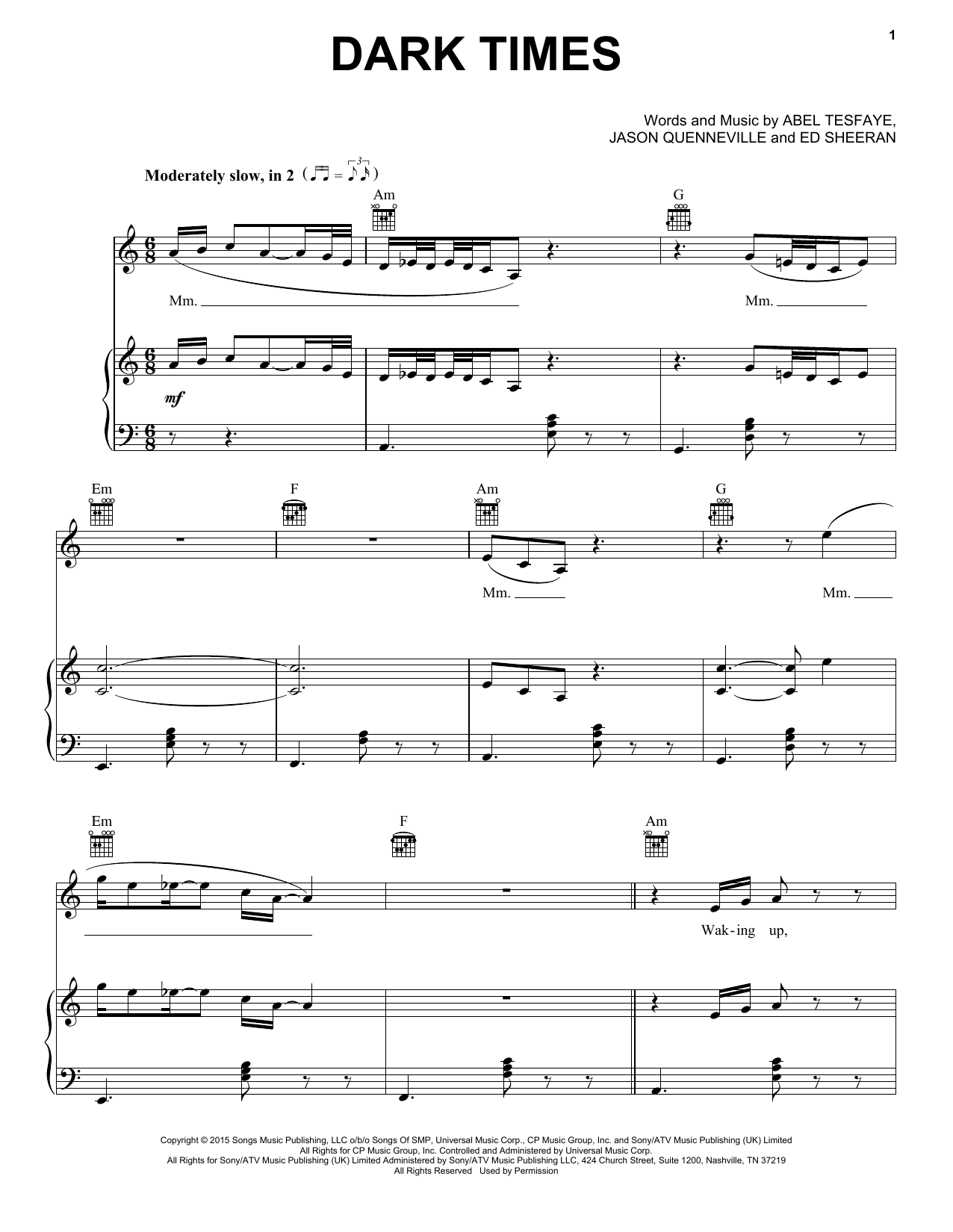 Download The Weeknd Dark Times Sheet Music and learn how to play Piano, Vocal & Guitar (Right-Hand Melody) PDF digital score in minutes