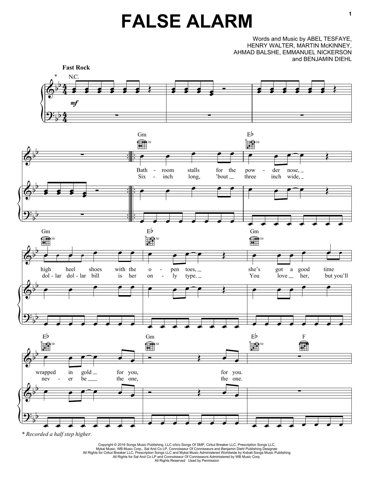 Download The Weeknd False Alarm Sheet Music and learn how to play Piano, Vocal & Guitar (Right-Hand Melody) PDF digital score in minutes