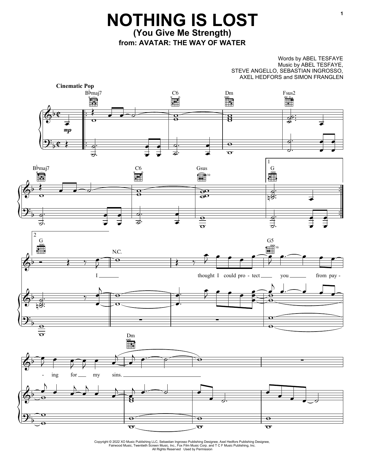 Download The Weeknd Nothing Is Lost (You Give Me Strength) (from Avatar: The Way Of Water) Sheet Music and learn how to play Piano, Vocal & Guitar Chords (Right-Hand Melody) PDF digital score in minutes