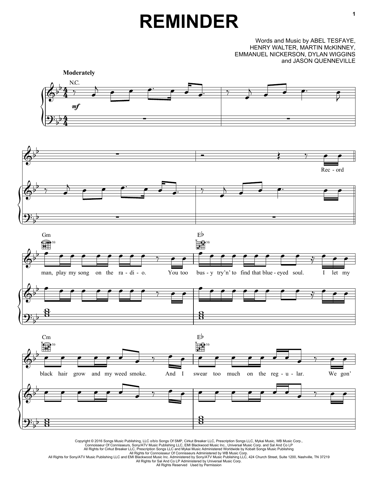 Download The Weeknd Reminder Sheet Music and learn how to play Piano, Vocal & Guitar (Right-Hand Melody) PDF digital score in minutes