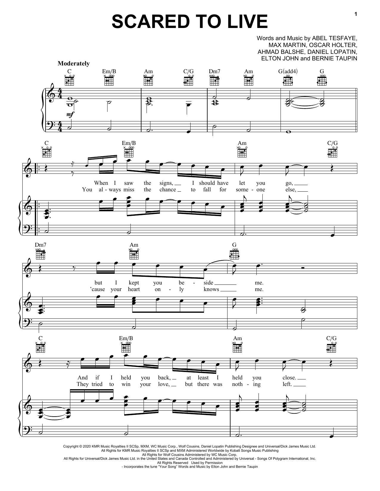 Download The Weeknd Scared To Live Sheet Music and learn how to play Piano, Vocal & Guitar Chords (Right-Hand Melody) PDF digital score in minutes