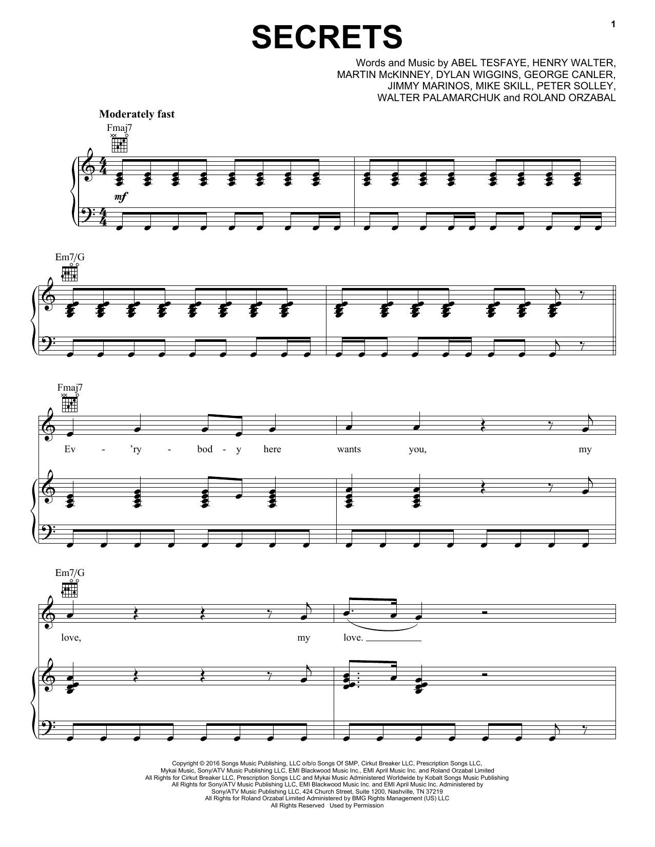 Download The Weeknd Secrets Sheet Music and learn how to play Piano, Vocal & Guitar (Right-Hand Melody) PDF digital score in minutes