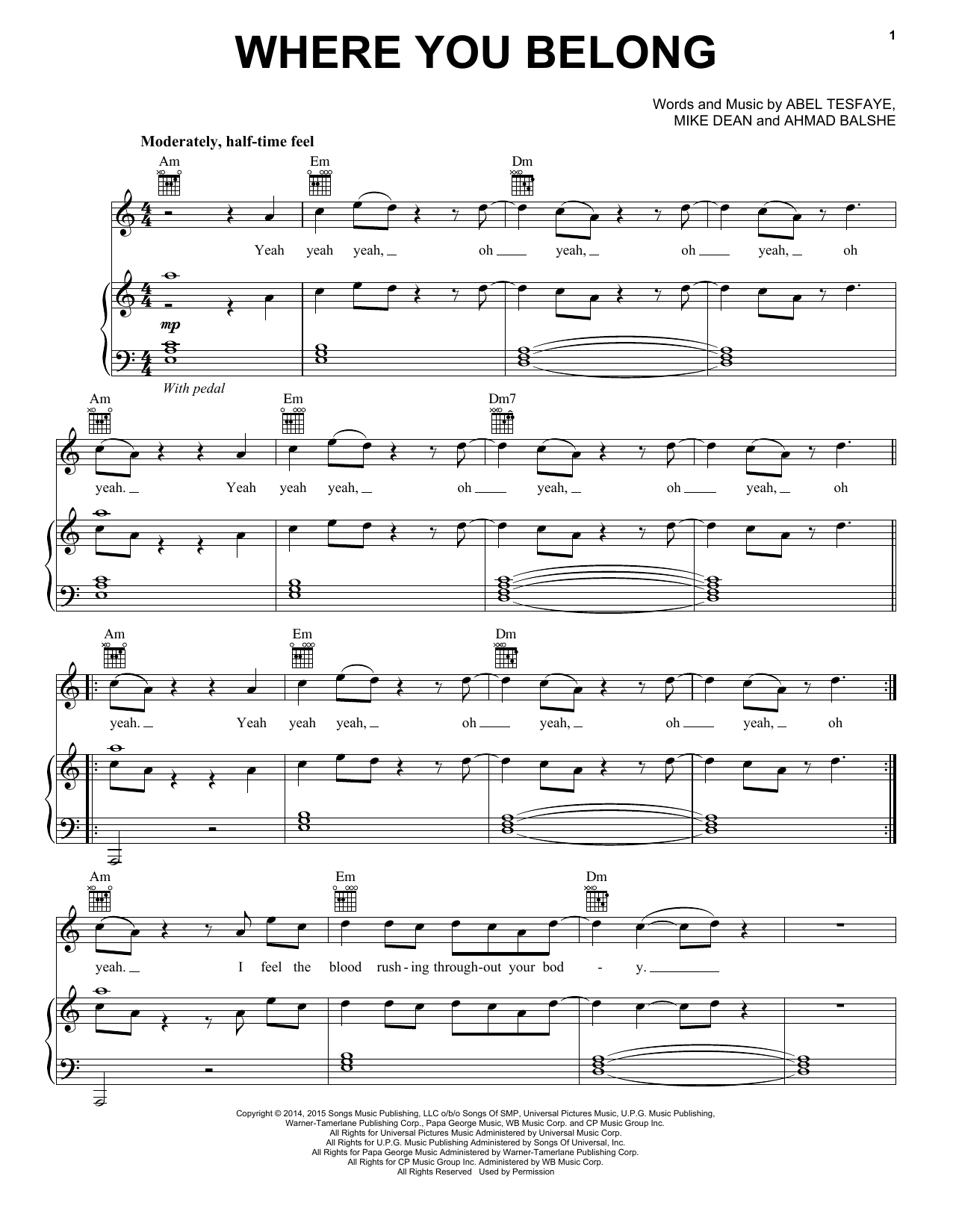 Download The Weeknd Where You Belong Sheet Music and learn how to play Piano, Vocal & Guitar (Right-Hand Melody) PDF digital score in minutes