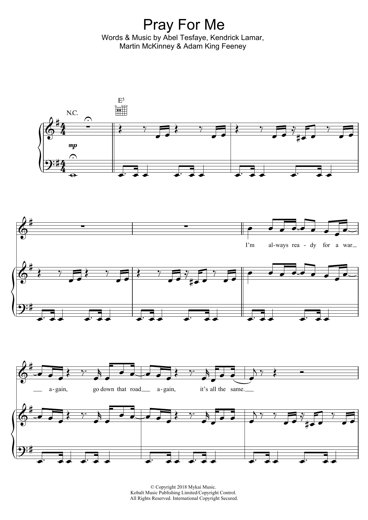 Download The Weeknd & Kendrick Lamar Pray For Me Sheet Music and learn how to play Piano, Vocal & Guitar (Right-Hand Melody) PDF digital score in minutes