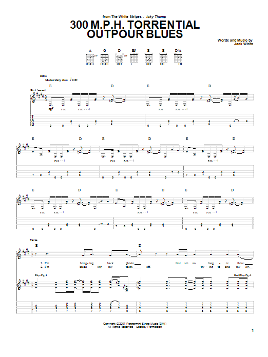 Download The White Stripes 300 MPH Torrential Outpour Blues Sheet Music and learn how to play Guitar Tab PDF digital score in minutes