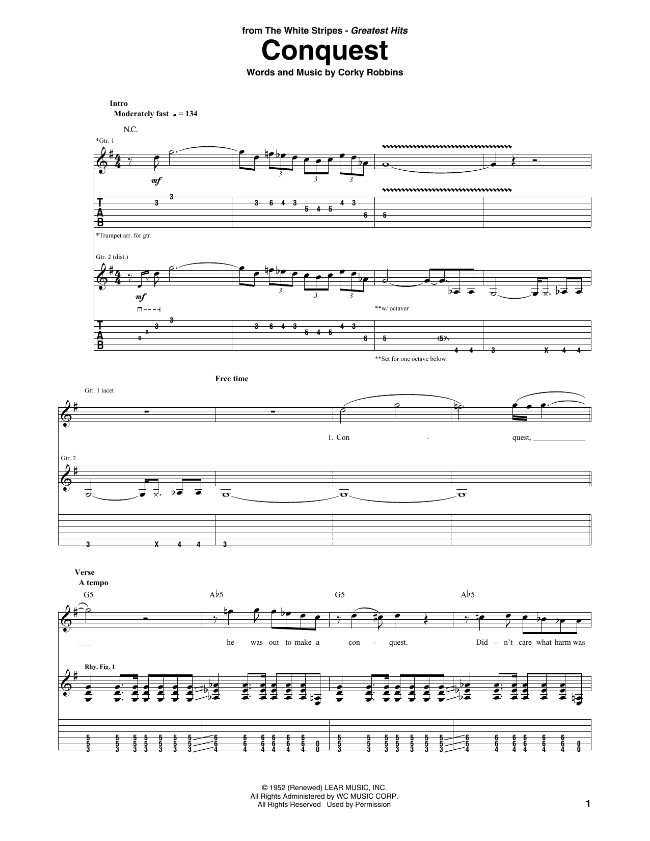 Download The White Stripes Conquest Sheet Music and learn how to play Guitar Tab PDF digital score in minutes