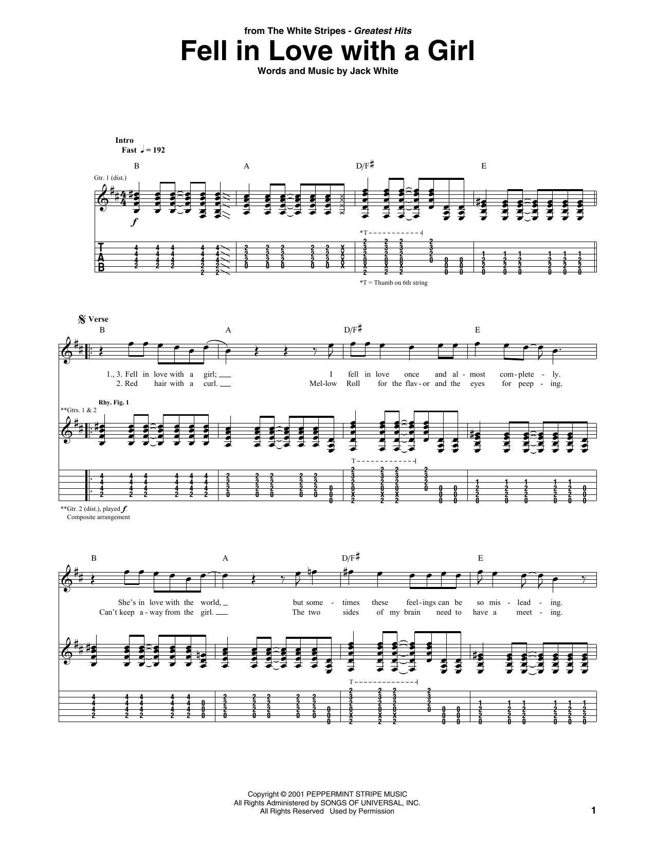 Download The White Stripes Fell In Love With A Girl Sheet Music and learn how to play Guitar Tab PDF digital score in minutes