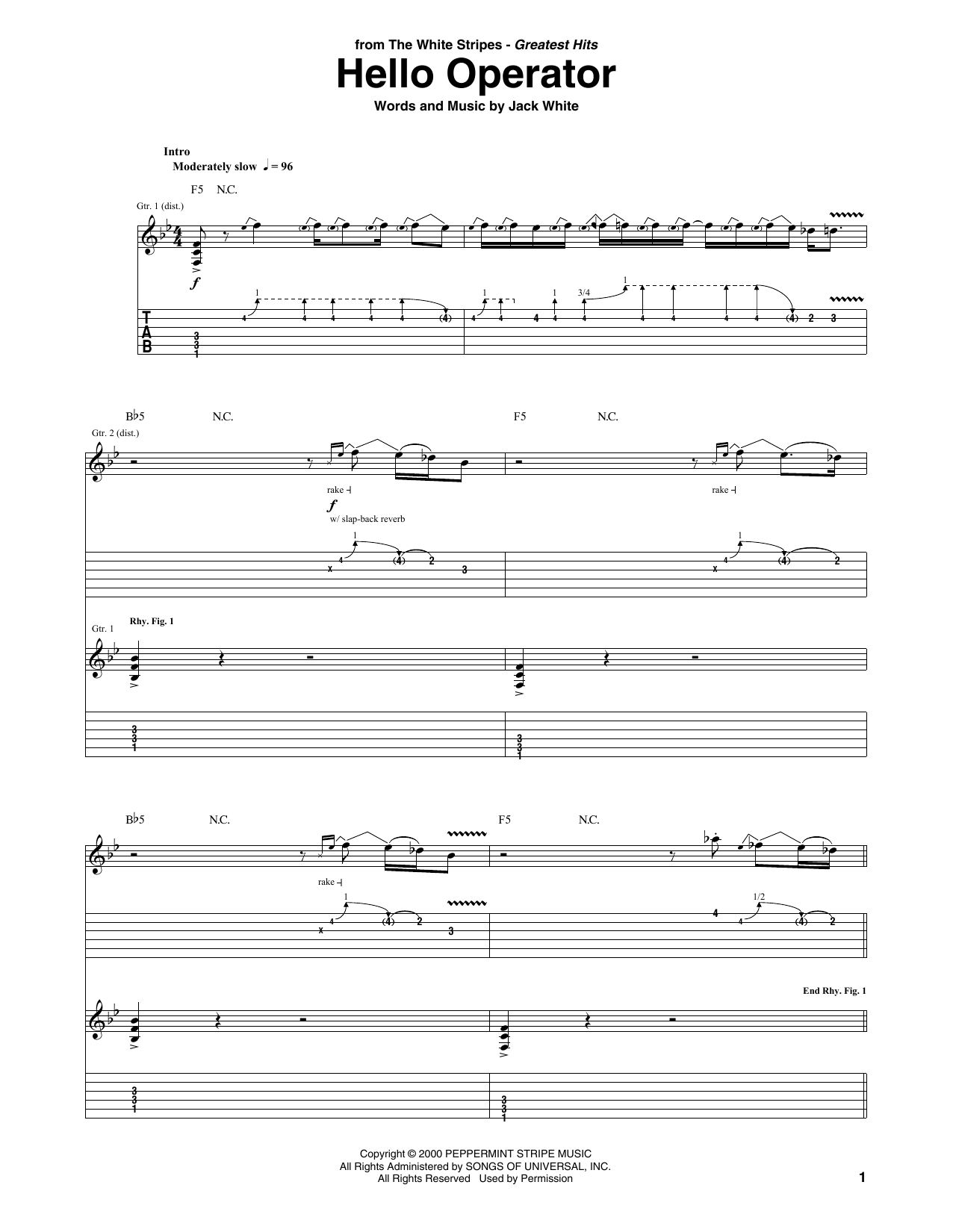Download The White Stripes Hello Operator Sheet Music and learn how to play Guitar Tab PDF digital score in minutes
