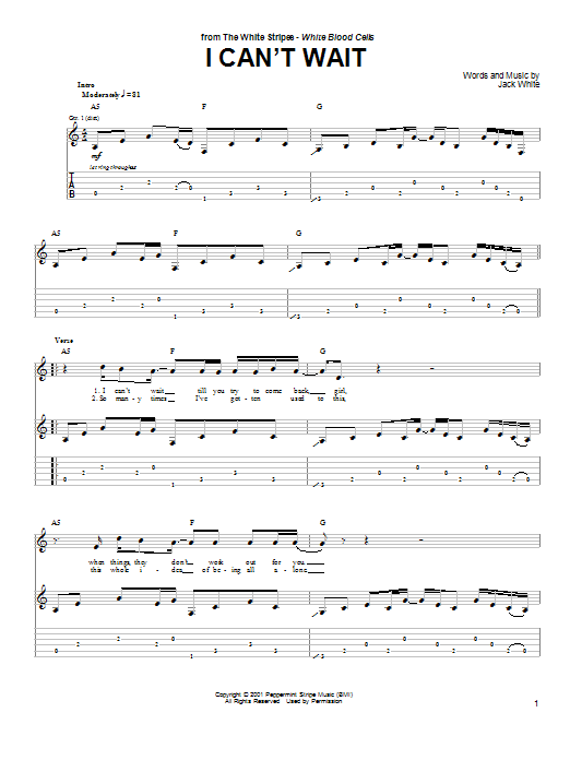 Download The White Stripes I Can't Wait Sheet Music and learn how to play Guitar Tab PDF digital score in minutes