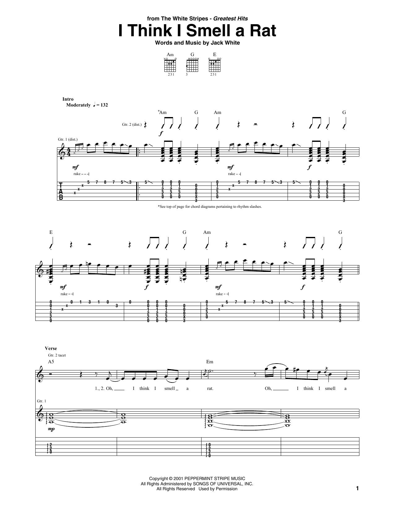 Download The White Stripes I Think I Smell A Rat Sheet Music and learn how to play Guitar Tab PDF digital score in minutes