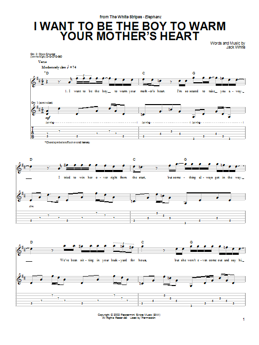 Download The White Stripes I Want To Be The Boy To Warm Your Mother's Heart Sheet Music and learn how to play Guitar Tab PDF digital score in minutes