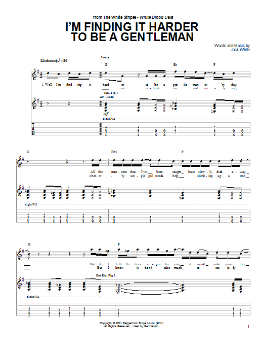 Download The White Stripes I'm Finding It Harder To Be A Gentleman Sheet Music and learn how to play Guitar Tab PDF digital score in minutes