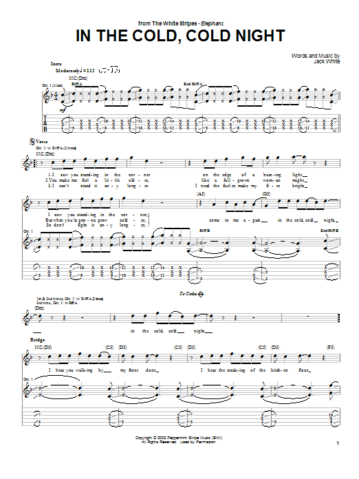 Download The White Stripes In The Cold, Cold Night Sheet Music and learn how to play Guitar Tab PDF digital score in minutes