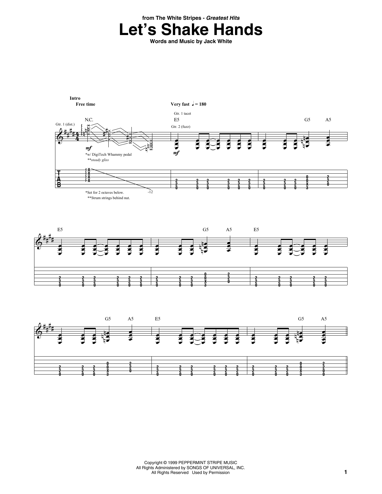 Download The White Stripes Let's Shake Hands Sheet Music and learn how to play Guitar Tab PDF digital score in minutes