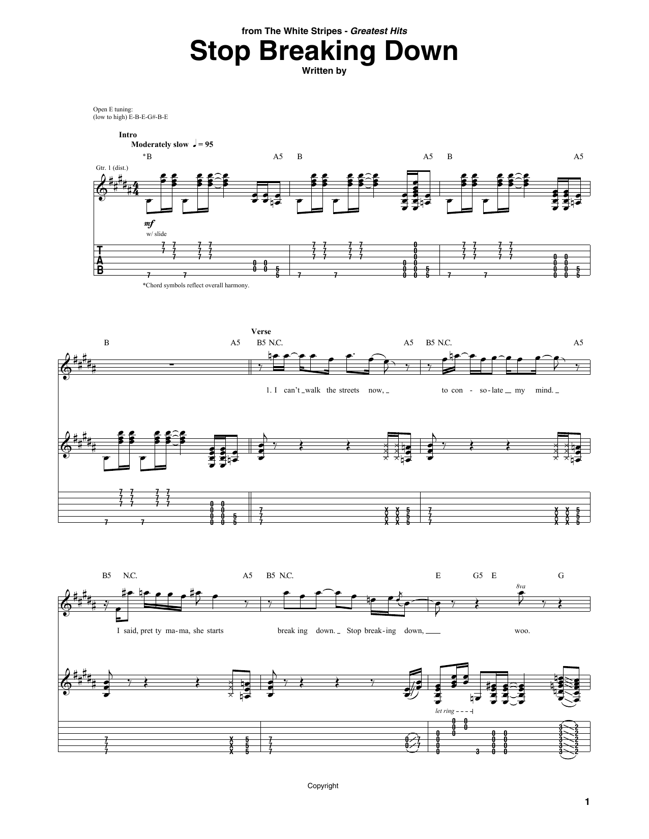 Download The White Stripes Stop Breakin' Down Blues Sheet Music and learn how to play Guitar Tab PDF digital score in minutes