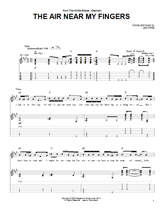 Download The White Stripes The Air Near My Fingers Sheet Music and learn how to play Guitar Tab PDF digital score in minutes