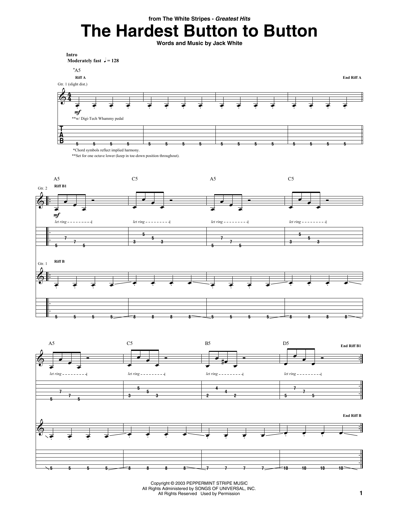 Download The White Stripes The Hardest Button To Button Sheet Music and learn how to play Guitar Tab PDF digital score in minutes