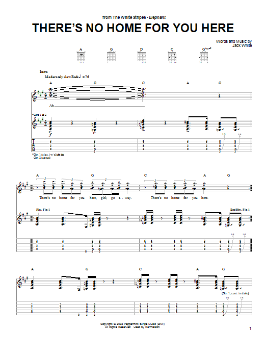 Download The White Stripes There's No Home For You Here Sheet Music and learn how to play Guitar Tab PDF digital score in minutes