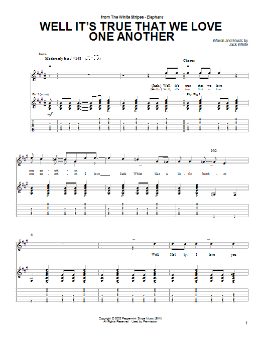 Download The White Stripes Well It's True That We Love One Another Sheet Music and learn how to play Guitar Tab PDF digital score in minutes