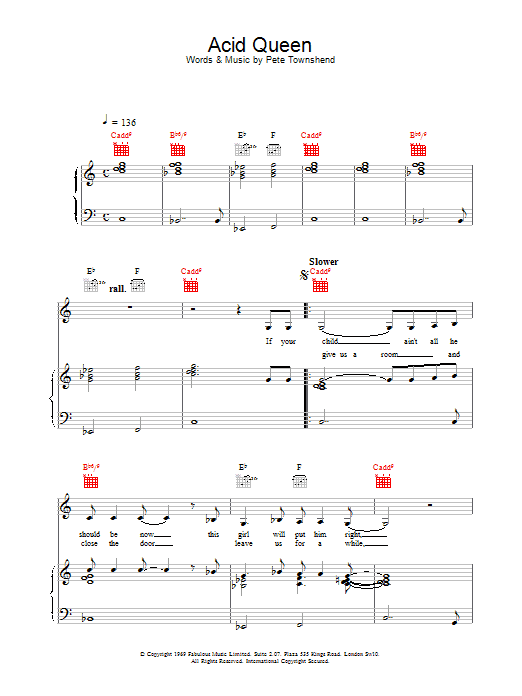 Download The Who Acid Queen Sheet Music and learn how to play Piano, Vocal & Guitar (Right-Hand Melody) PDF digital score in minutes