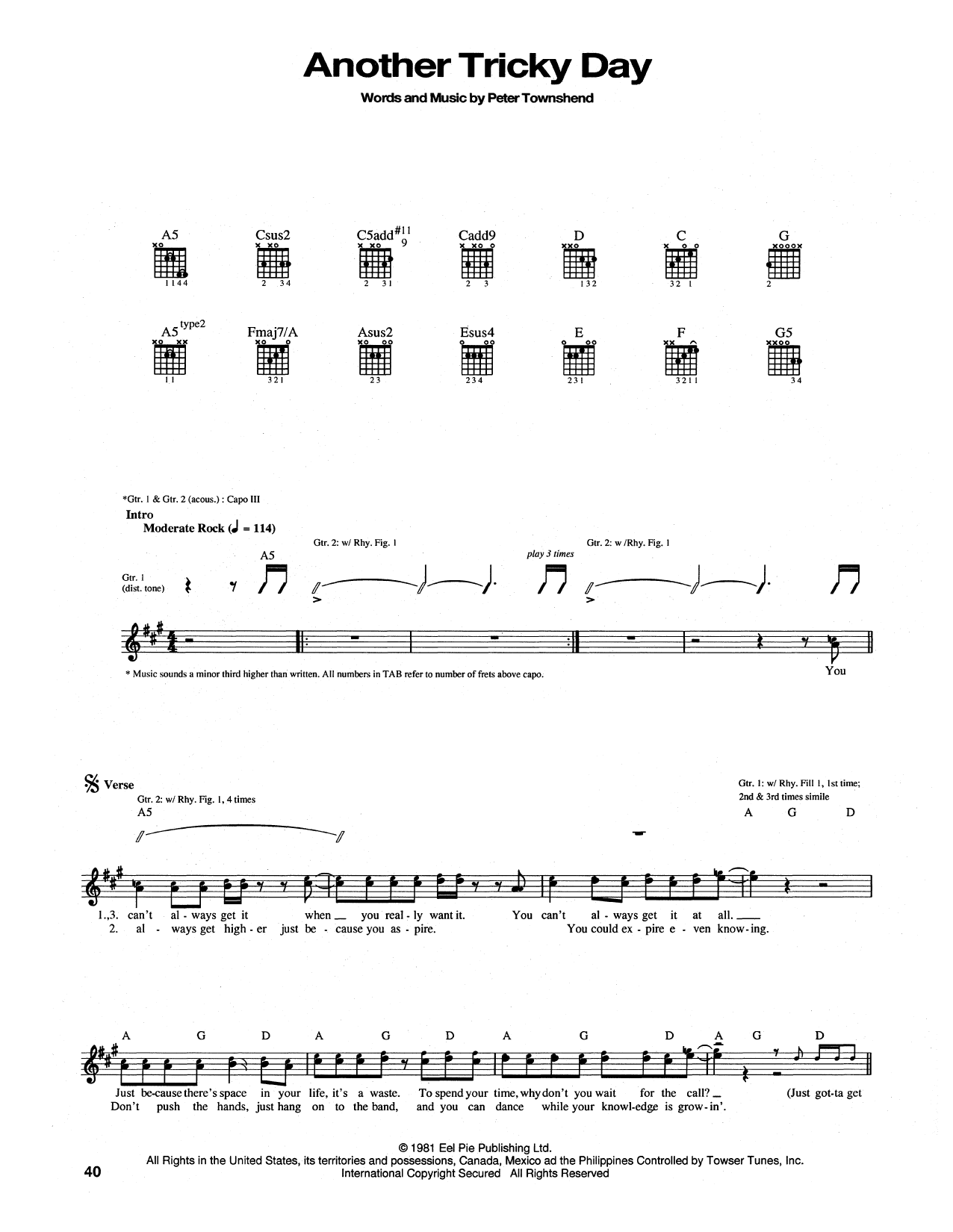 Download The Who Another Tricky Day Sheet Music and learn how to play Piano, Vocal & Guitar Chords (Right-Hand Melody) PDF digital score in minutes