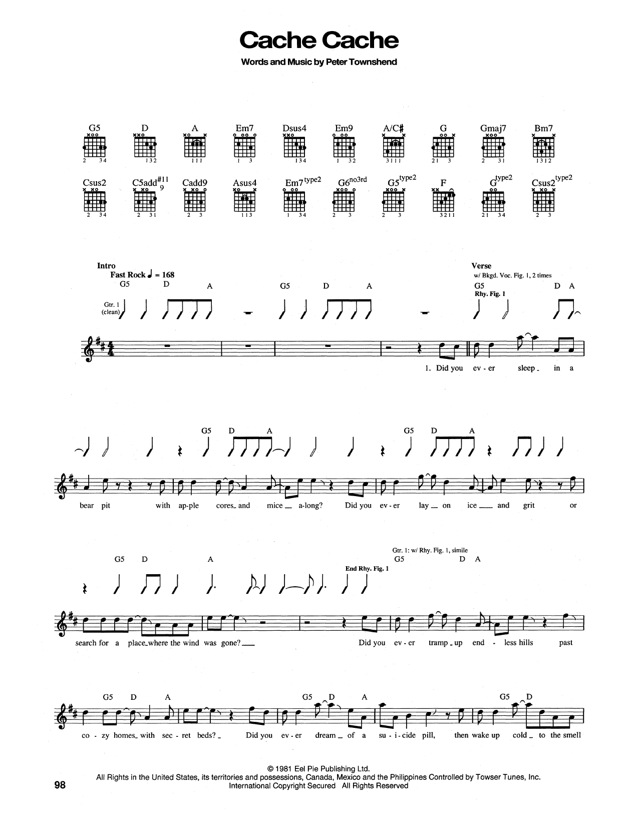 Download The Who Cache Cache Sheet Music and learn how to play Piano, Vocal & Guitar Chords (Right-Hand Melody) PDF digital score in minutes