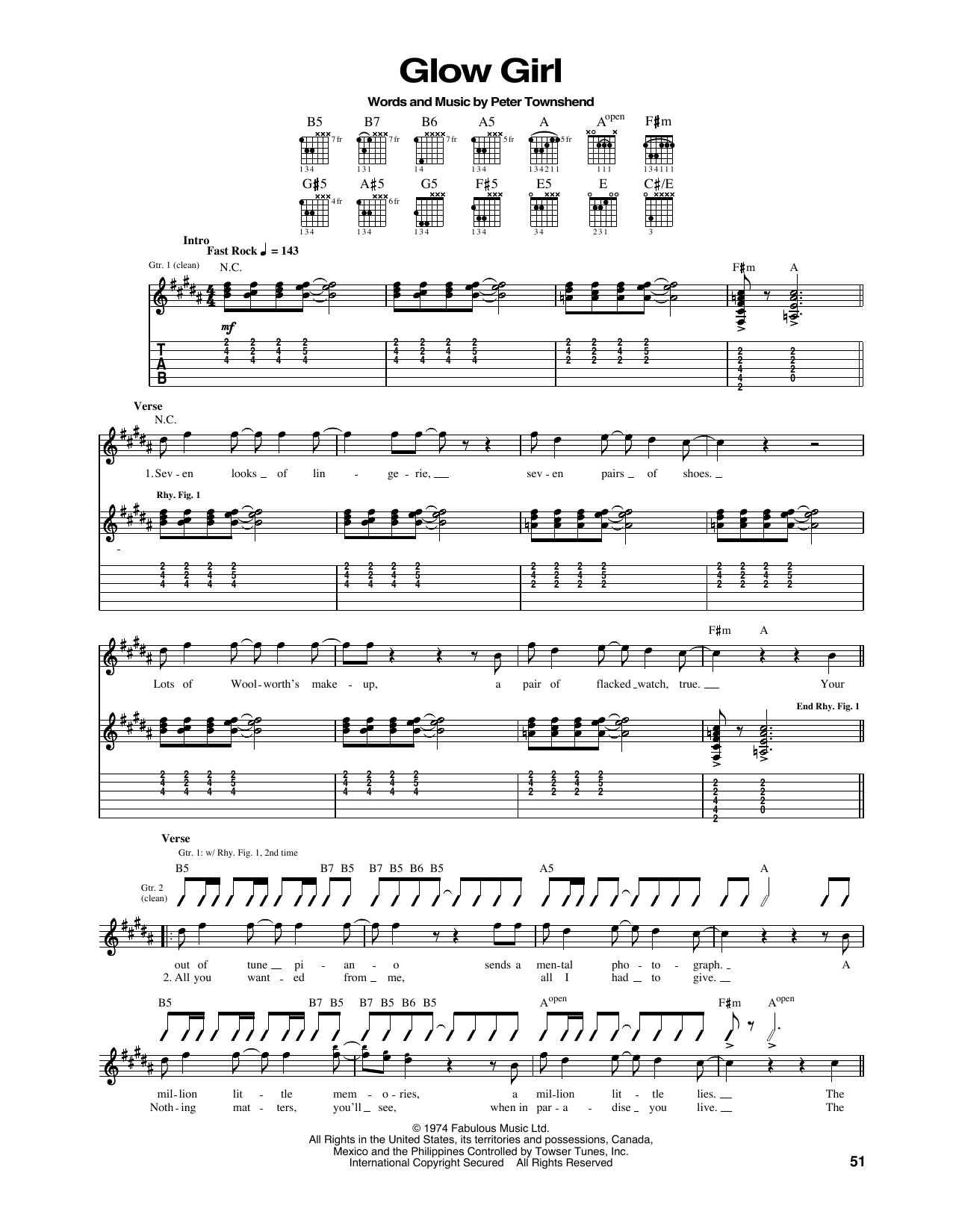 Download The Who Glow Girl Sheet Music and learn how to play Guitar Tab PDF digital score in minutes