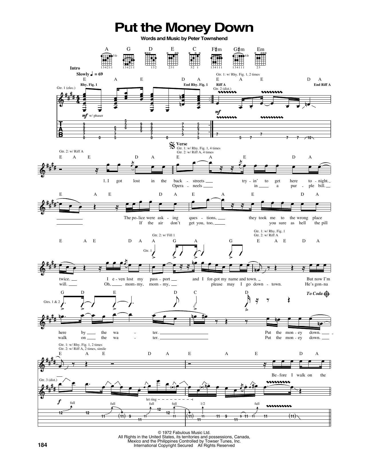 Download The Who Put The Money Down Sheet Music and learn how to play Guitar Tab PDF digital score in minutes