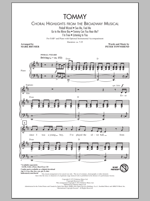 Download The Who Tommy (Choral Highlights from the Broadway Musical) (arr. Mark Brymer) Sheet Music and learn how to play SATB Choir PDF digital score in minutes