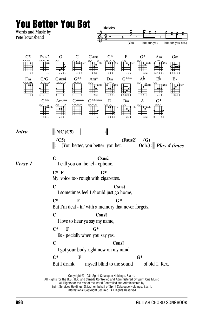 Download The Who You Better You Bet Sheet Music and learn how to play Guitar Chords/Lyrics PDF digital score in minutes