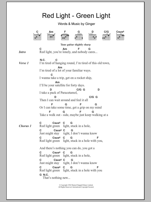 Download The Wildhearts Red Light - Green Light Sheet Music and learn how to play Lyrics & Chords PDF digital score in minutes