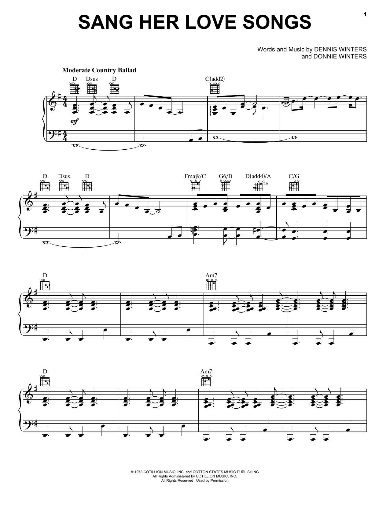 Download The Winters Brothers Band Sang Her Love Songs Sheet Music and learn how to play Piano, Vocal & Guitar (Right-Hand Melody) PDF digital score in minutes