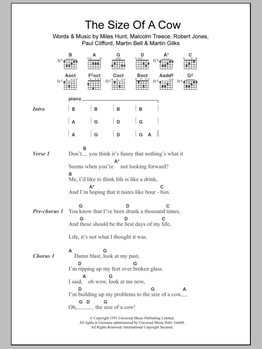 Download The Wonder Stuff The Size Of A Cow Sheet Music and learn how to play Lyrics & Chords PDF digital score in minutes