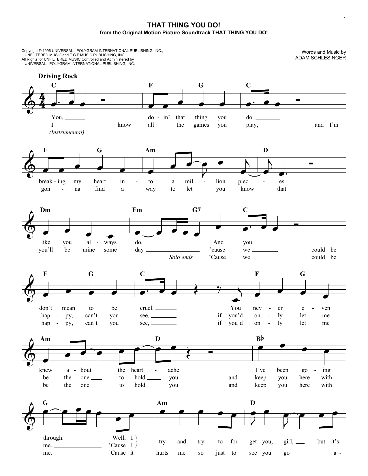 Download The Wonders That Thing You Do! Sheet Music and learn how to play Melody Line, Lyrics & Chords PDF digital score in minutes