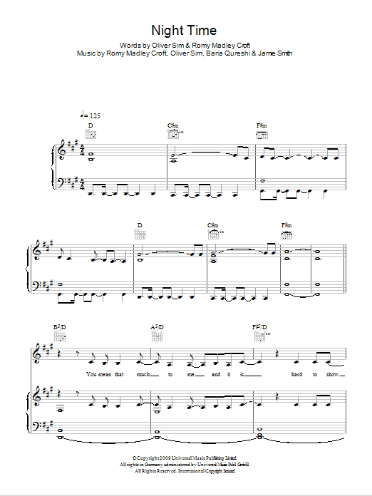 Download The XX Night Time Sheet Music and learn how to play Piano, Vocal & Guitar (Right-Hand Melody) PDF digital score in minutes