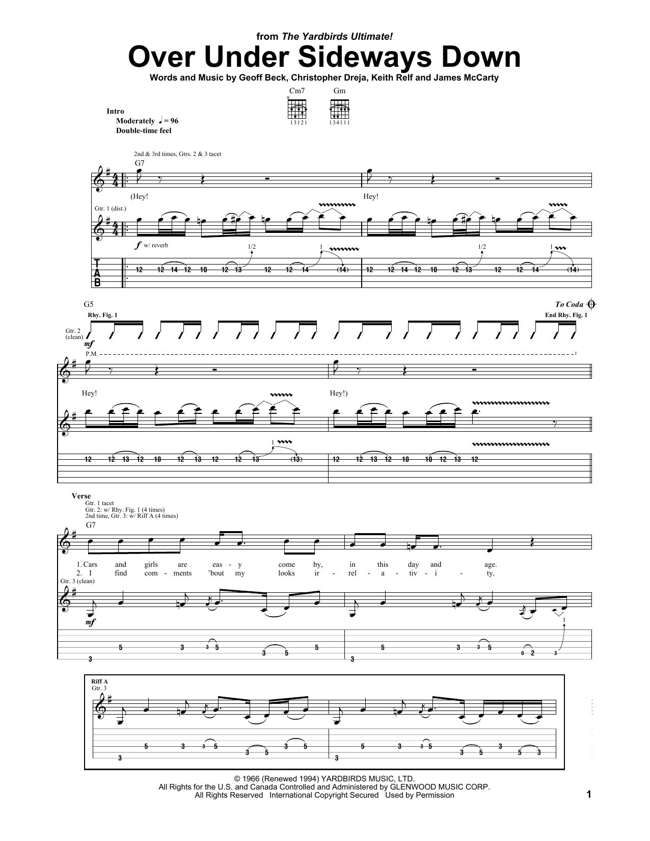 Download The Yardbirds Over Under Sideways Down Sheet Music and learn how to play Guitar Tab PDF digital score in minutes