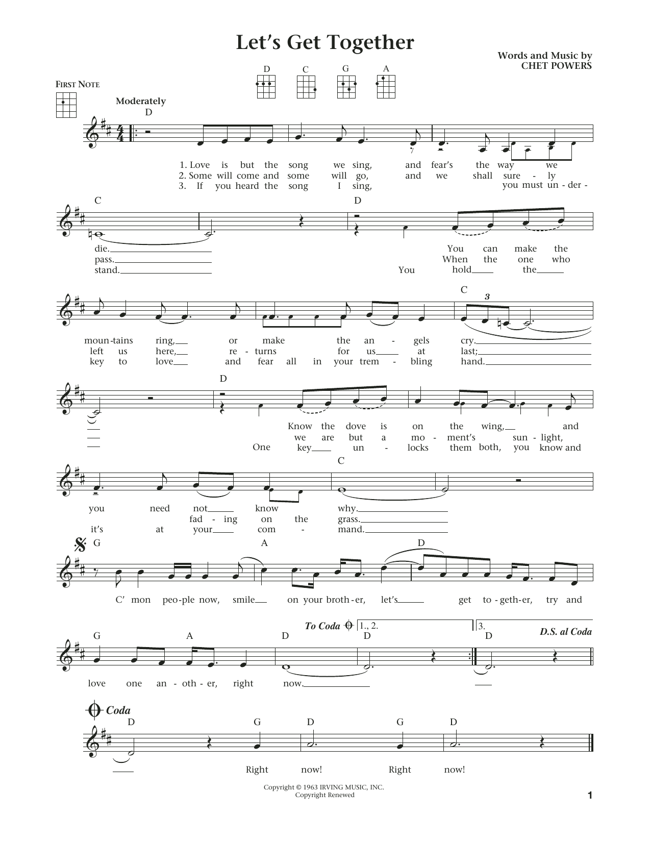 Download The Youngbloods Let's Get Together (Get Together) Sheet Music and learn how to play Ukulele PDF digital score in minutes
