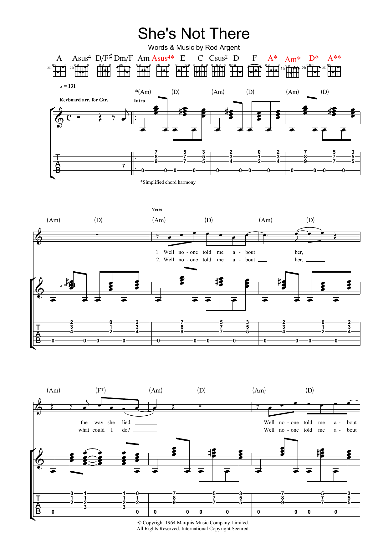 Download The Zombies She's Not There Sheet Music and learn how to play Piano, Vocal & Guitar PDF digital score in minutes