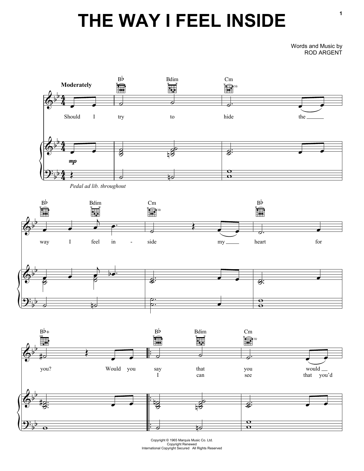 Download The Zombies The Way I Feel Inside Sheet Music and learn how to play Piano, Vocal & Guitar Chords (Right-Hand Melody) PDF digital score in minutes