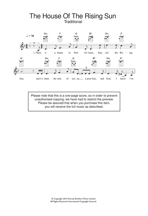 Download The Animals House Of The Rising Sun Sheet Music and learn how to play Ukulele PDF digital score in minutes