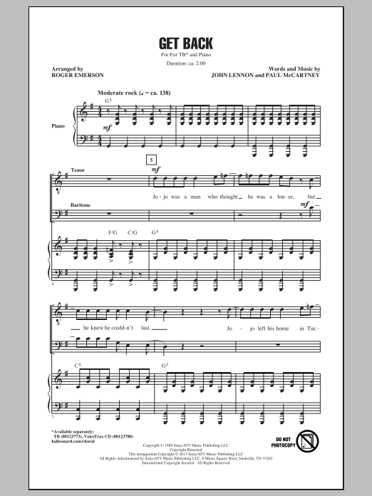 The Beatles Get Back Arr Roger Emerson Sheet Music Notes Chords Tb Download Rock Pdf